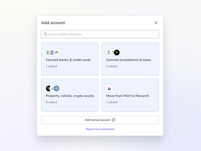 Account connections UX/UI Design | Starsheet account clean connect connections dark design dialog finance manage modal mode pop up profile search set up settings theme ui ux white