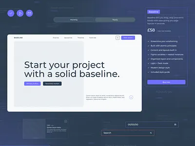 Baseline wireframe kit available on UI8. UI / UX components dark dark mode for sale light light mode ui ui8 ux website design wesite wireframe wireframe kit