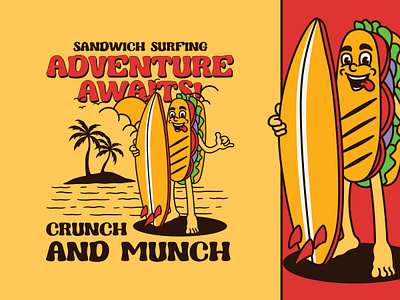 Sandwich Surfing beach brand brand identity branding cartoon character classic design graphic design illustration junk food logo mascot old style retro sandwich vector vintage