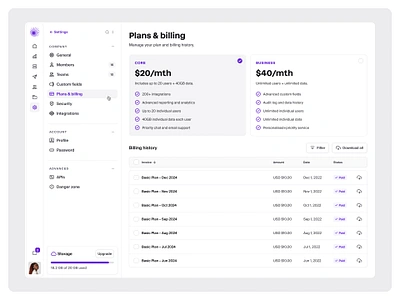 Plans and billing settings — Untitled UI billing billing settings figma minimal nav nav menu navigation payment settings preferences pricing pricing cards settings side nav table ui design user interface