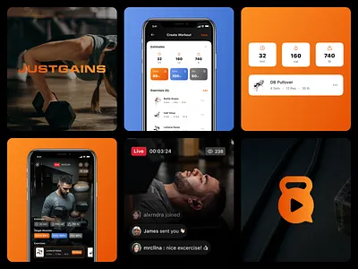 JUSTGAIN - App & Visual Exploration app application branding fitness graphic design gym health live logo mobile modern streaming ui workout