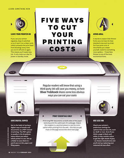 Five ways to cut your printing costs (Which?) editorial illustration infographic paper printer printing