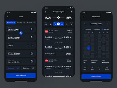 Flight Booking App Design Dark Theme air ticket airline airplane tickets blue booking app dark flight flight app flight book app flight book ui ux flight booking flight booking app design flight ticket flights app modern saas simple ui uiux user friendly