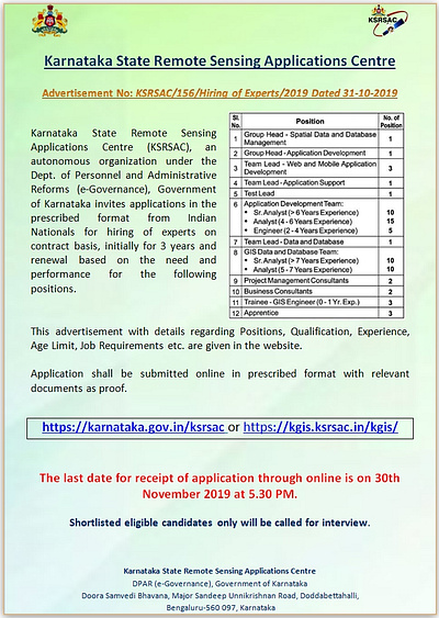 KARNATAKA STATE REMOTE SENSING APPLICATION CENTRE - JOB OPENINGS datadrivendecisions disastermanagement earthobservation environmentalmonitoring geoinformatics geospatialtech gisfordevelopment gismapping karnatakadevelopment karnatakagis ksrsac precisionfarming remotesensing resourcemanagement satellitedata smartcities spatialanalysis spatialdatascience techinnovationksrsac urbanplanning