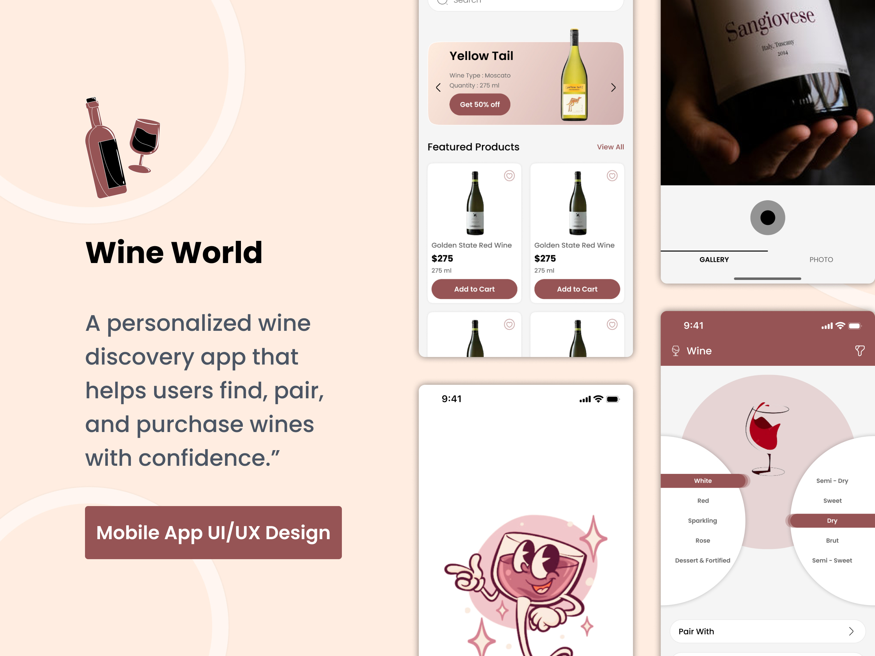 Wine App UI appdesign design dribbble dribbbleshot drinks ecommerce flavor foodie foodpairing grape innovation mobileapp personalized shopping sommelier technology uiux wine winepairing winetasting