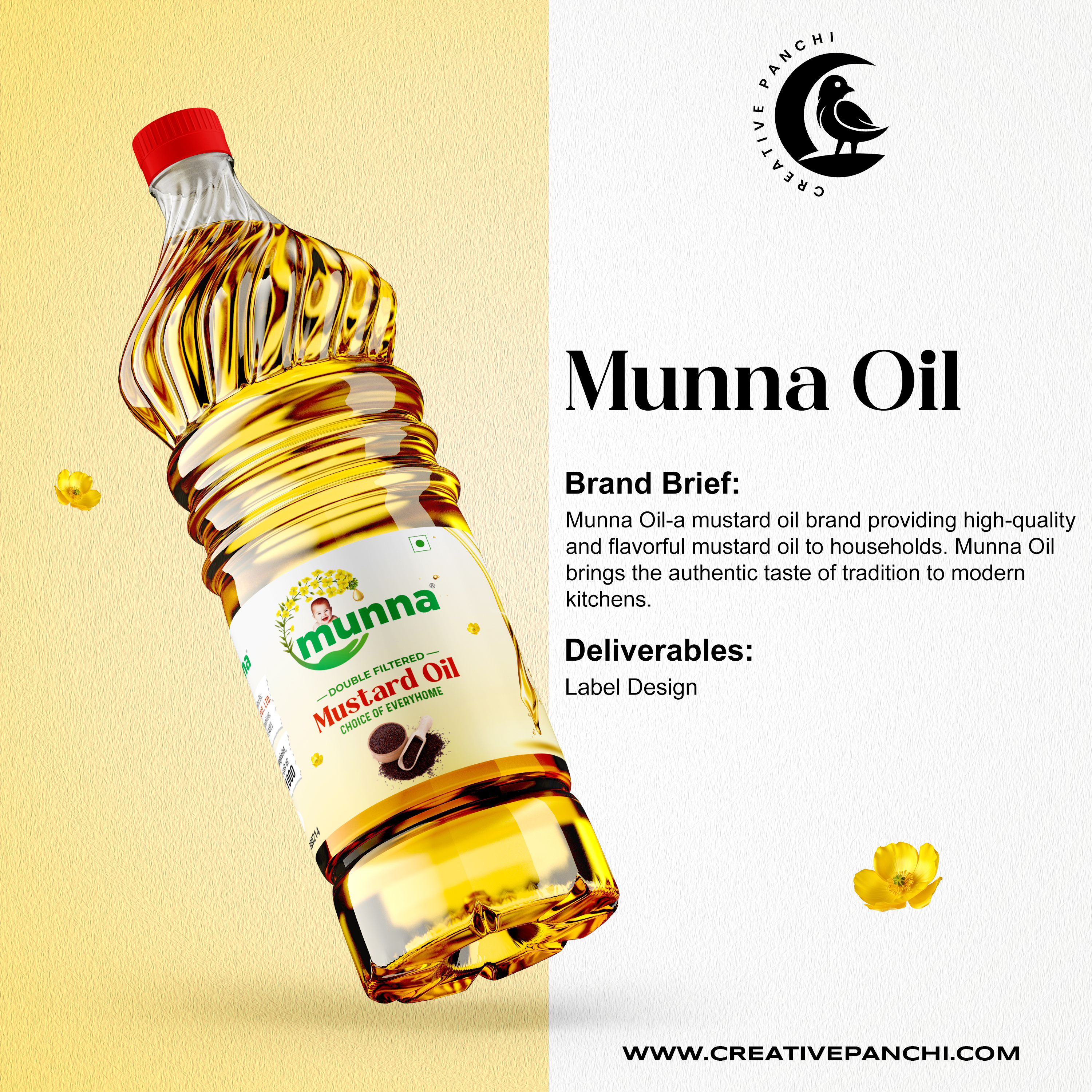 Label Design - Mustard Oil | Creative Panchi advertising agency advertisment branding creative agency creative panchi creativepanchi design food oil packaging graphic design label label design logo marketing mustard oil label design packaging packaging design print print design product design social media marketing