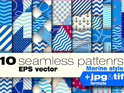 Marine style seamless patterns fabric pattern marine style nautical style patchwork pattern sea style seamless pattern summer summer pattern textile textile pattern vector