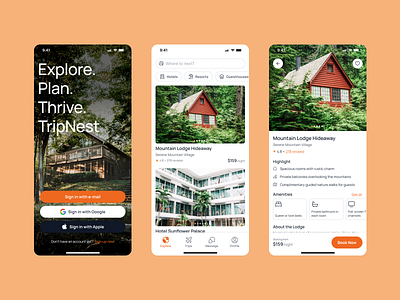 TripNest - Travel App Exploration accommodation airbnb application booking design hotel itinerary mobile phone travel app travel planning ui uiux upscalix ux