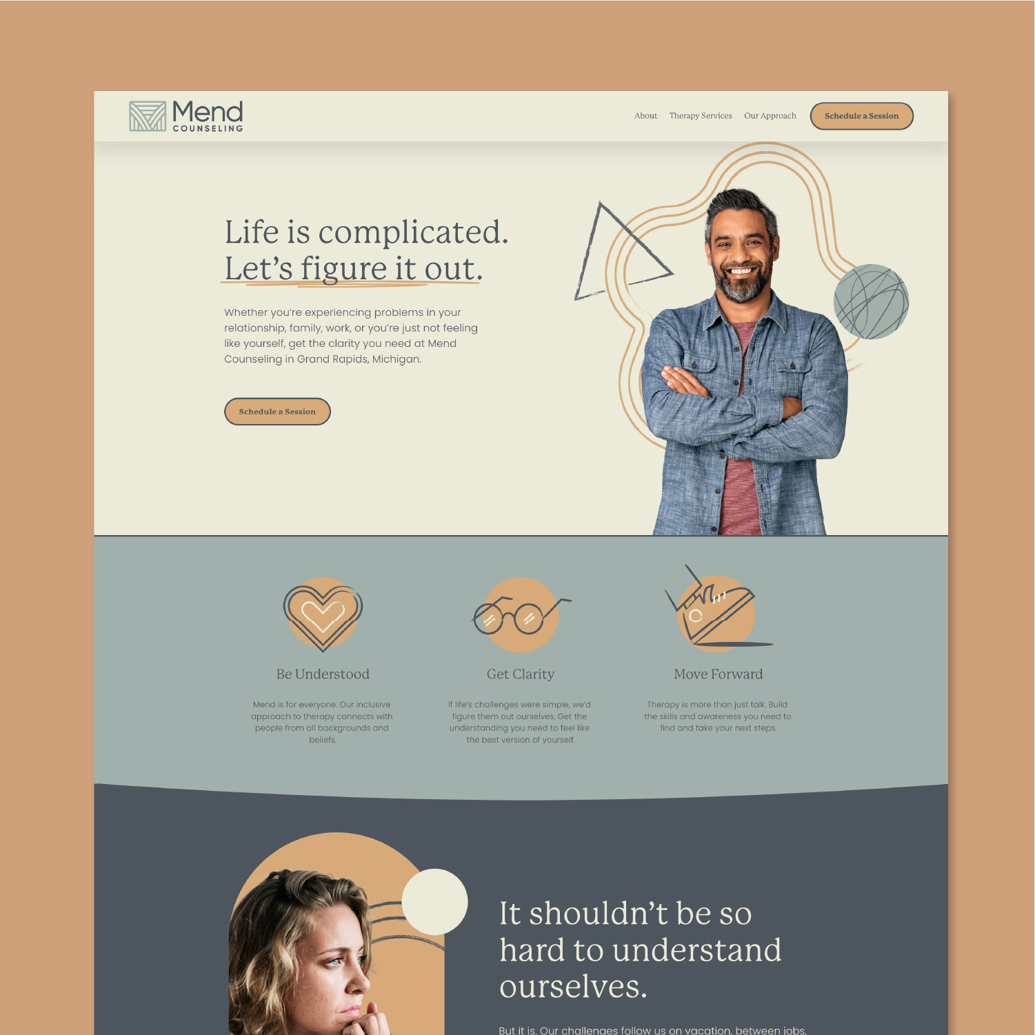 Mend Counseling Website Design brand sprint branding counseling earth tones geometric illustration mend mend counseling muted colors photography shapes squarespace therapy website website design