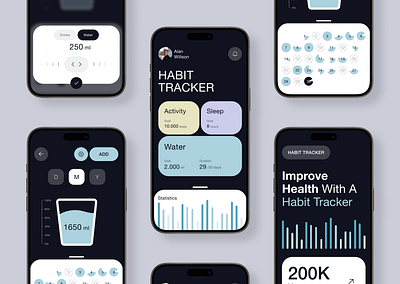 Habit Tracker Mobile IOS App activity app application design development figma habit health healthcare hero screen logo stats tracker tracking ui uxui water balance