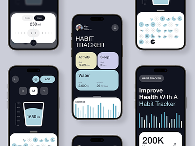 Habit Tracker Mobile IOS App activity app application design development figma habit health healthcare hero screen logo stats tracker tracking ui uxui water balance
