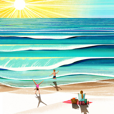 Good Morning beach children illustration landscape morning ocean retro texture vector waves