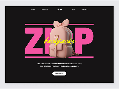 ZIPP - Backpack Website 3d backpack black bold branding holdall illustration kids landing page logo neo neon pink rucksack travel typography ui web design website yellow