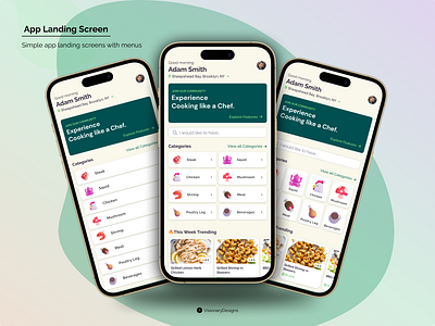 App Landing Screen & Menus app branding card category chef cook design figma food graphic design illustration landing listing menu minimal mobile screen typography ui ux