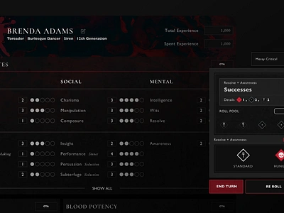 Demiplane Vampire Character Sheet and Dice Roller dice rolling game product design role playing ui ux vampire