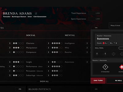 Demiplane Vampire Character Sheet and Dice Roller dice rolling game product design role playing ui ux vampire