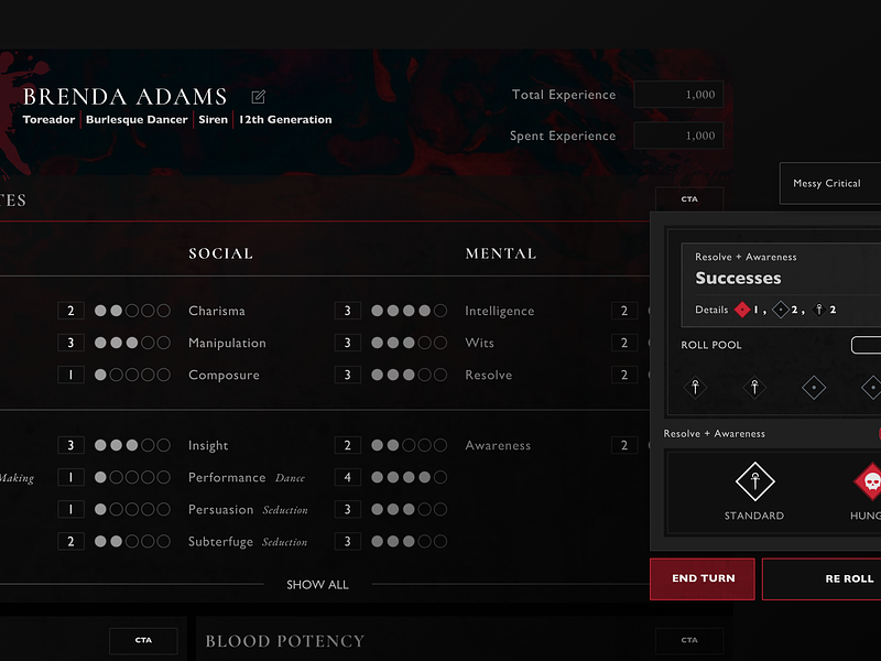 Demiplane Vampire Character Sheet and Dice Roller dice rolling game product design role playing ui ux vampire