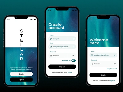 Sign up /Log in Stellar App/ UI design amazing appdesign application appui creative dark darmode design graphic design inspiration login logo mobileapp mobileinspiration modern moderndesign signup stars ui uichallenge