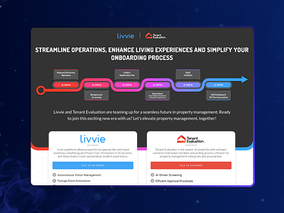 Livvie & Tenant Evaluation Partnership Landing Page 🚀 community management corporate dark mode landingpage partnership techcollaboration ui ux design website