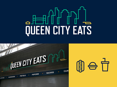 Queen City Eats Concession Stand badge branding cincinnati city crown design drawing flat design food graphic design icon iconography illustration logo queen skyline soccer sports stadium typography