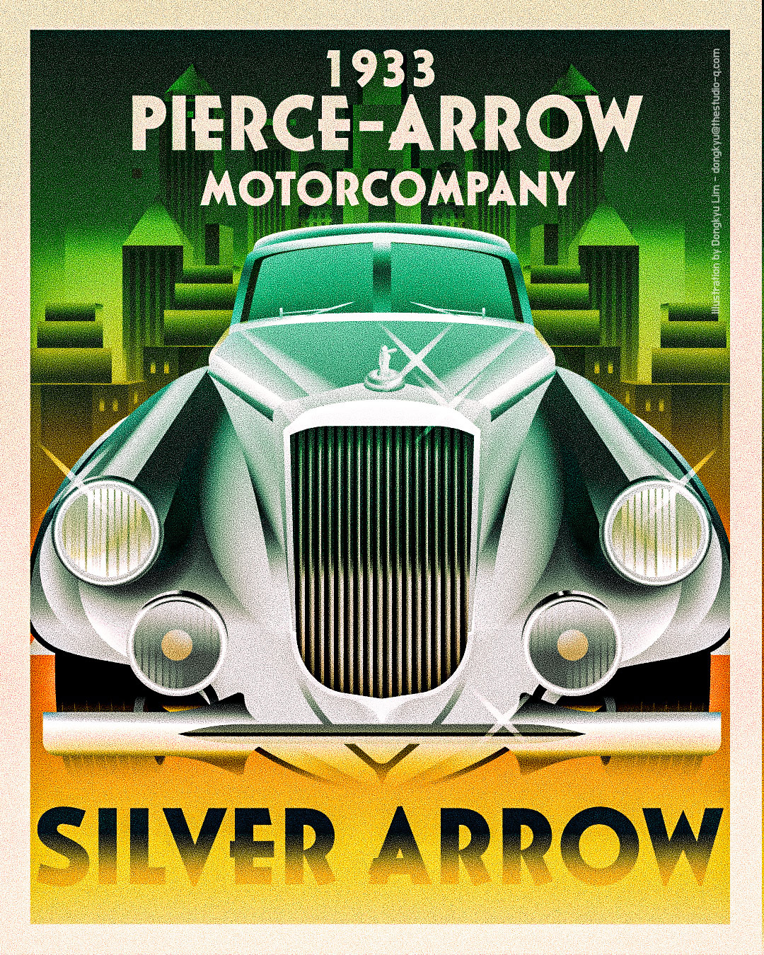 Silver Arrow by Pierce Arrow (1933) 1930s art deco classic car illustration nightscape silver arrow vintage
