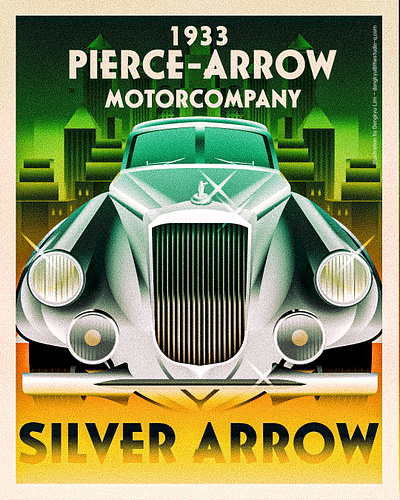 Silver Arrow by Pierce Arrow (1933) 1930s art deco classic car illustration nightscape silver arrow vintage