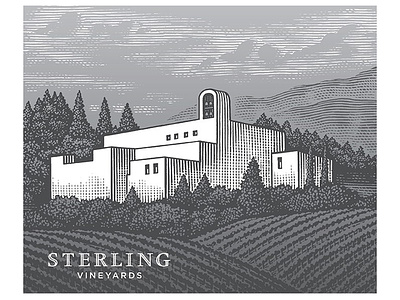 Sterling Vineyards Label Illustrated by Steven Noble artwork branding design engraving etching illustration line art scratchboard sterling vineyards steven noble wine woodcut