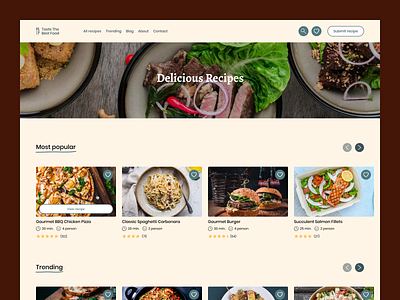 Recipes page branding design design exploration figma food navbar navigation persons product design ratings recipe recipes page time title ui ui design ux ux design webdesign website