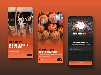 Shooting Fest App UI android app ui app baskitball app branding dark ui design images ios app logo onboarding orange oswald sports app typography ui ux vector
