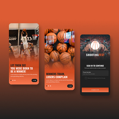 Shooting Fest App UI android app ui app baskitball app branding dark ui design images ios app logo onboarding orange oswald sports app typography ui ux vector
