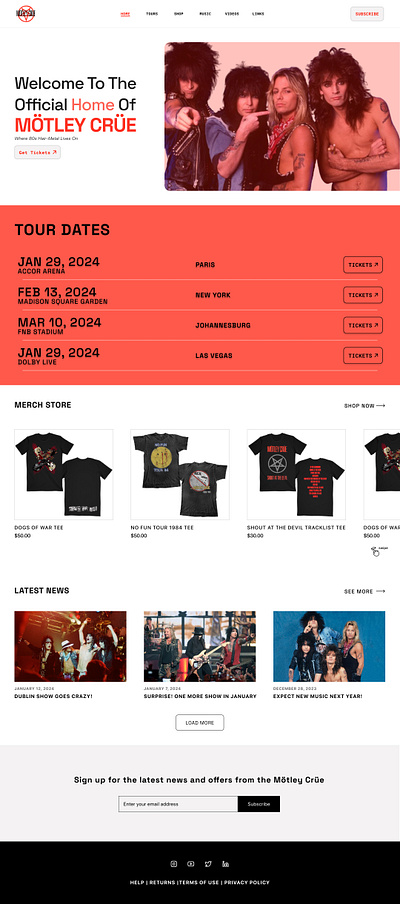 Home page for 80s metal-hair rock band, Mötely Crüe. design ui