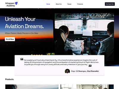 Landing Page for Wingspan academy - an aviation school. aviation design ui