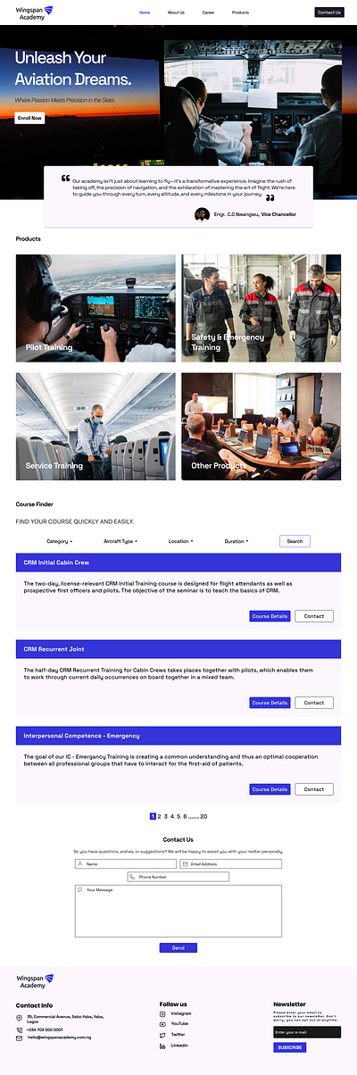 Landing Page for Wingspan academy - an aviation school. aviation design ui