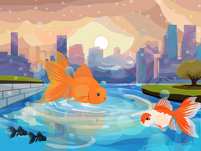 Goldfish appearing at dusk art branding design graphic design illustration landscape logo vector