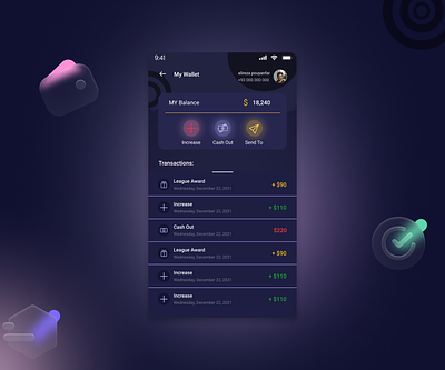 wallet page 3d acoount app card cash out dark mode dark theme ficnational financial reports inspiration mobile application money ui wallet
