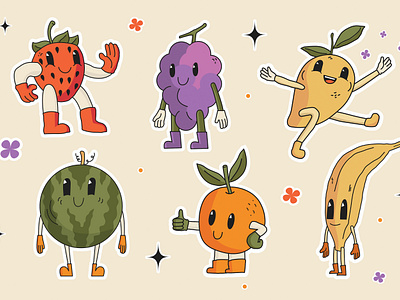 Retro Fruits Character Sticker banana character cute fruits grape illlustration mango melon orange retro sticker strawberry water