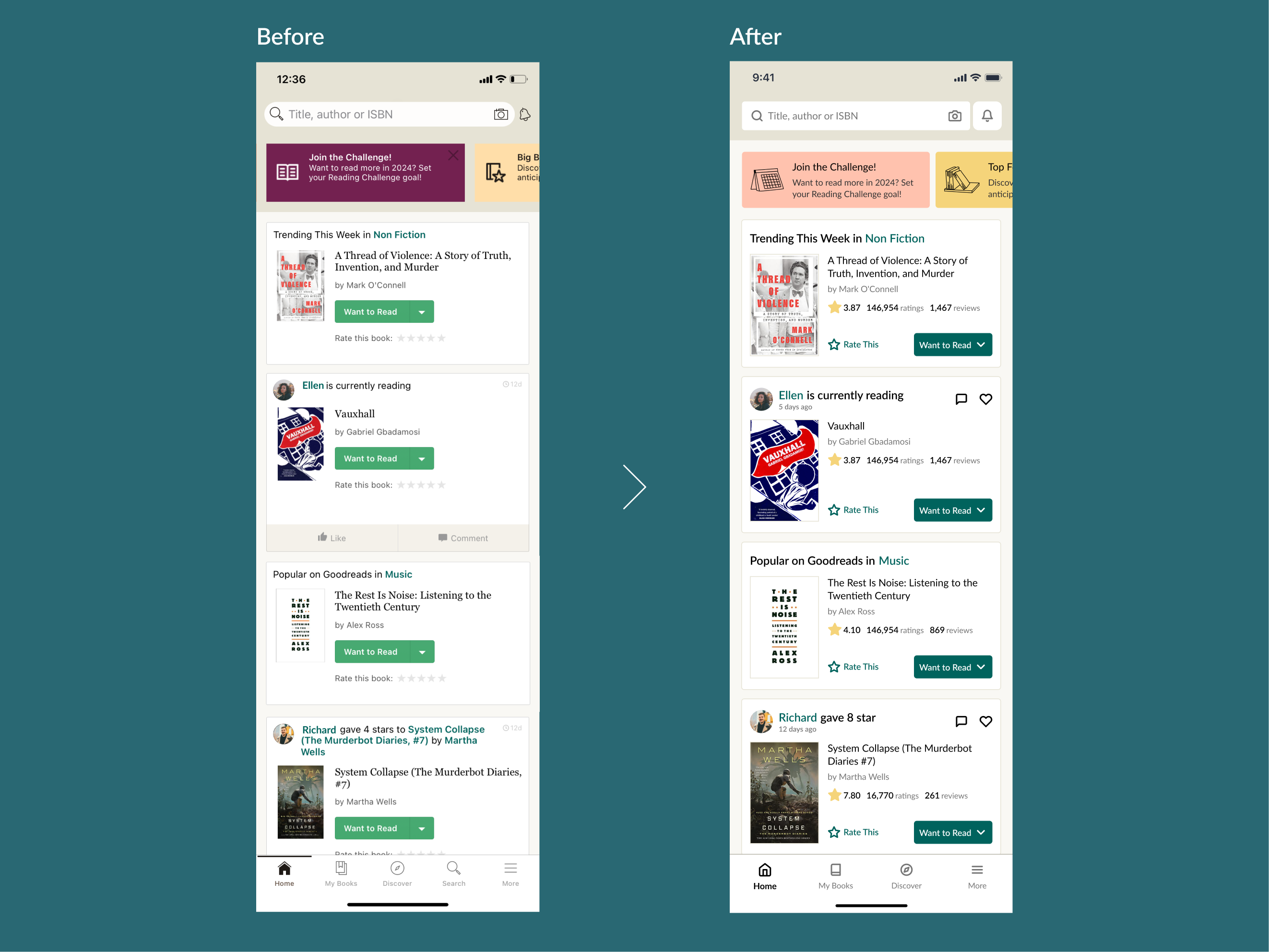 Goodreads Redesign Series - Homepage & Rating 5 star book book app feed goodreads homepage rate rating system reading challenge redesign reviews trending