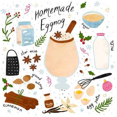 Home made Eggnog recipe. Christmas spiced drink food illustratio christmas beverage cinnamon cookbook cooking eggnog eggs hand drawn illustration ingredients ingridiets kitchen poster milk nutrition poster procreate recipe spiced drink sugar watercolor winter