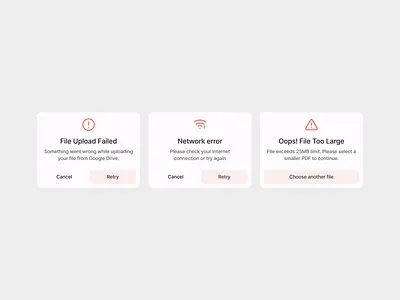 File upload different error states dialogue box with CTA dialogue box dialogue ui dialogue ui design error box error dialogu error overlay error page error state file size file upload large file size modal ui design network error ui design ux design