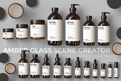 Top down Amber Glass Scene Creator bottle label mockup candle jar mockup dropper bottle mockup editable editable planner jar label mockup jar mockup plastic pump bottle mockup realistic separated spray bottle mockup