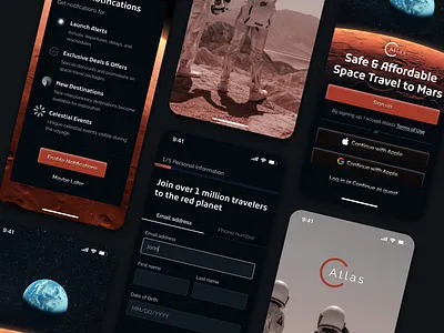 Travel App Concept android app button darkmode design designsystem form futuristic icons iphone login logo mobile onboarding signup space splash textinput travel ui