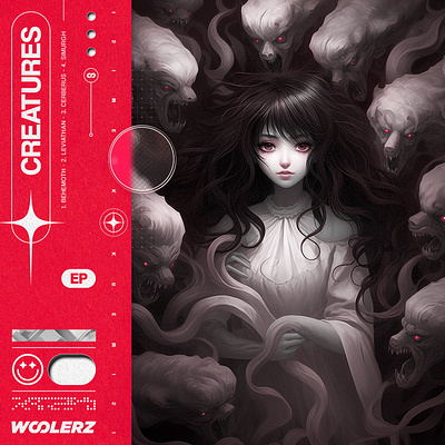 Artwork Design // "Woolerz - Creatures" aigenerated art cover coverart crimson edm graphicdesign housemusiccover minimal musicial uigraphics visualart visualdesigner