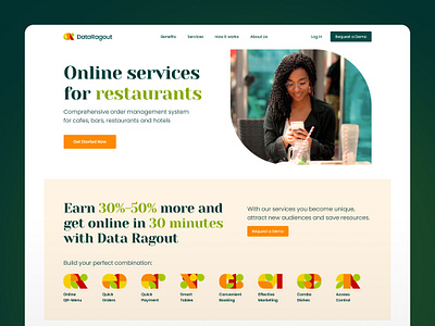 DataRagout - Landing page app b2b service branding business case study corporate website dark green data landing page light theme marketing minimalism mobile restaurant startup typography ui user interface ux web design