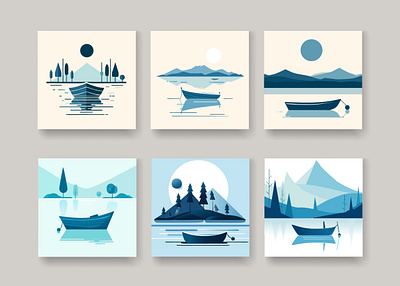 A lonely ship poster set. Minimalistic pastel landscape branding design flat graphic design minimalistic poster
