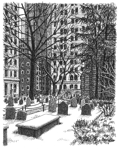 Snowy Cemetery art artist artwork city drawing hand drawn illustration ink snow trees