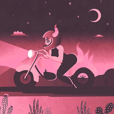 ✨🌙🌵🏍🌵🌸✨⠀ badass biker birmingham blossom character design clouds desert devil helmet horn illustration moon motorcycle night pink stars vector