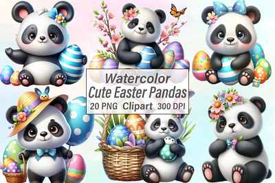 Watercolor Cute Easter Pandas Clipart png designs