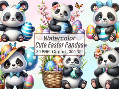 Watercolor Cute Easter Pandas Clipart png designs