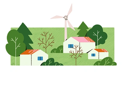 Spring Village art city colorful country flat green houses illustration illustrator landscape spring summer town trees village wind turbine