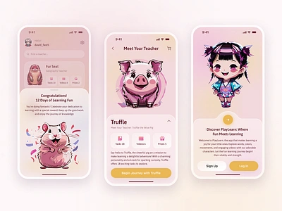 Mobile App for Children. Adobe: AI Vector Generator ✨ adobe app characterdesign children childrensapp education education app for children game game design graphic design illustrations kids learning app mobile pig pink playfuldesign teacher ui